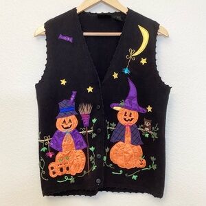 Halloween Sweater Vest PM Pumpkin Witch Snowmen Women’s Embroidered Black Petite